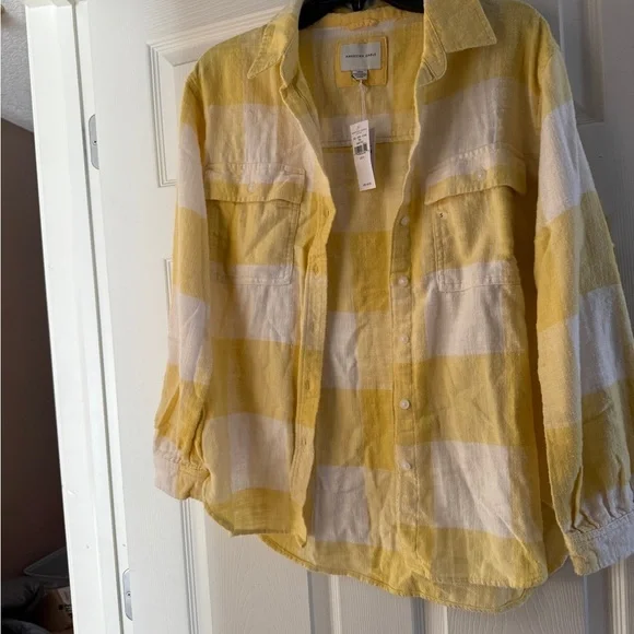 American Eagle Outfitters yellow and white plaid flannel shirt. NWT size S - Picture 3 of 6